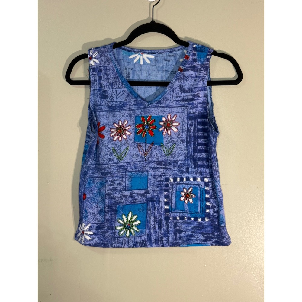 Vintage Blue Floral Beaded Sleeveless Top V-Neck Abstract Print Tank